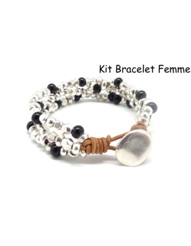 KIT bijoux Bracelet femme cuir, perle argenté et perle noire - Bracelet Mila
