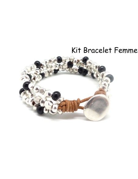 KIT bijoux Bracelet femme cuir, perle argenté et perle noire - Bracelet Mila