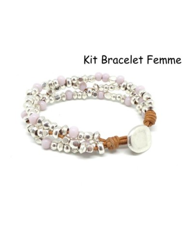 KIT Bijoux Bracelet femme cuir, perle argenté et perle rose pastel - Bracelet Mila