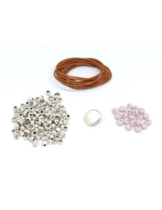 KIT Bijoux Bracelet femme cuir, perle argenté et perle rose pastel - Bracelet Mila 2
