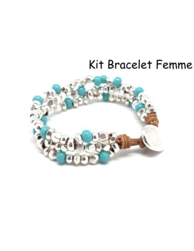 KIT Bracelet femme en cuir, perle argenté et perle bleu turquoise - Bracelet Mila