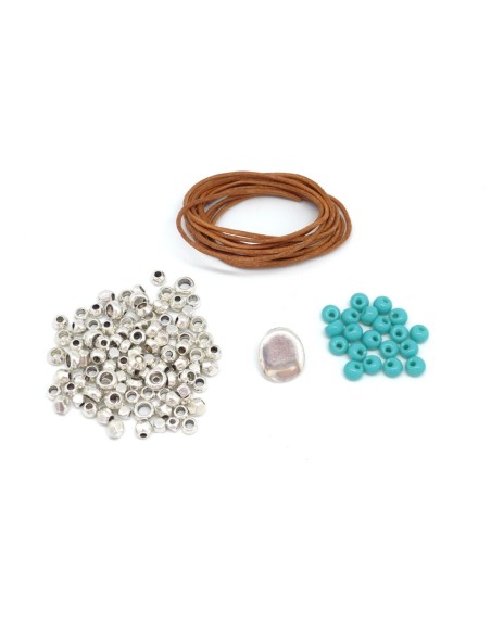 KIT bijoux Bracelet femme en cuir, perle argenté et perle bleu turquoise - Bracelet Mila KIT bijoux Bracelet femme en cuir, perle argenté et perle bleu turquoise - Bracelet Mila