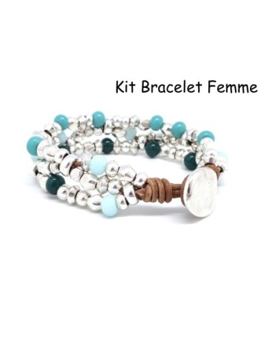 KIT bijoux Bracelet en cuir, perle argenté et perle assorties bleu turquoise, bleu pastel et vert foncé - Bracelet Mila