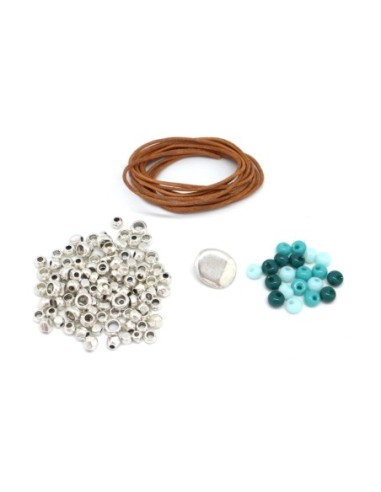 KIT Bracelet femme en cuir, perle argenté et perle assorties bleu turquoise, bleu pastel et vert foncé - Bracelet Mila
