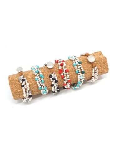 KIT bijoux Bracelet en cuir marron, perle argenté et perle assorties bleu turquoise, bleu pastel et vert foncé - Bracelet Mila