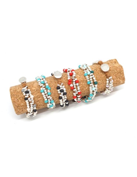 KIT bijoux Bracelet en cuir marron, perle argenté et perle assorties bleu turquoise, bleu pastel et vert foncé - Bracelet Mila