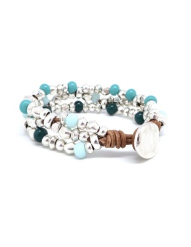KIT créatif Bracelet en cuir, perle argenté et perle assorties bleu turquoise, bleu pastel et vert foncé - Bracelet Mila