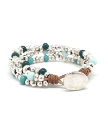 KIT bijoux Bracelet en cuir, perle argenté et perle assorties bleu turquoise, bleu pastel et vert foncé - Bracelet Mila