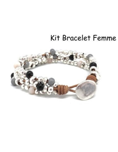 KIT Bracelet en cuir, perle argenté et perle assorties noir, blanc crème et gris