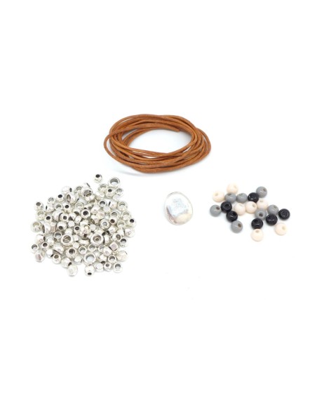 KIT Bracelet femme en cuir, perle argenté et perle assorties noir, blanc crème et gris
