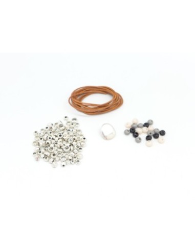 KIT Bracelet en cuir marron, perle argenté et perle assorties noir, blanc crème et gris
