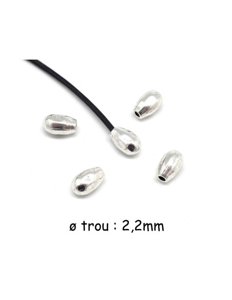 10 Perles embout de finition grain de riz martelé, goutte pour cordon de 2mm en métal argenté