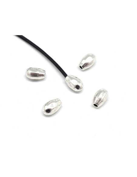 Perle embout de finition grain de riz martelé, goutte pour cordon en métal argenté