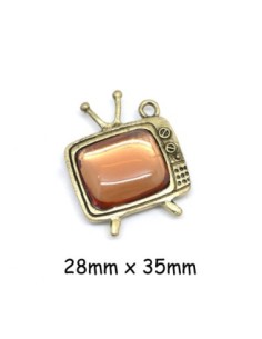 Breloque Télévision en métal de couleur bronze et cabochon ambre style vintage