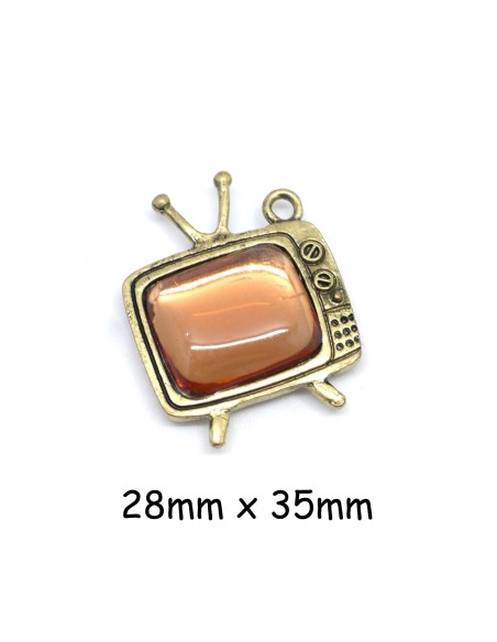 Breloque Télévision en métal de couleur bronze et cabochon ambre style vintage