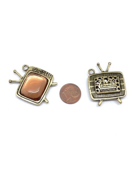 Pendentif TV bronze, doré pâle strass ambre