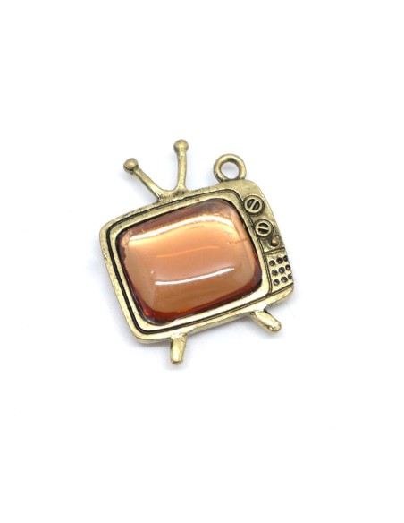 Pendentif Télévision en métal de couleur bronze et cabochon ambre style vintag