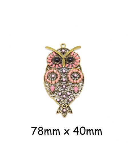 Pendentif hibou, chouette rose corail et métal doré