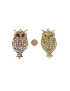 Pendentif hibou, chouette rose corail et métal doré 2