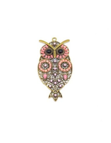 Pendentif doré hibou rose corail et métal