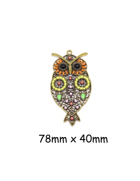 Pendentif hibou, chouette multicolore orange et métal doré