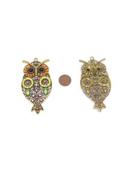 Pendentif hibou multicolore orange et métal doré