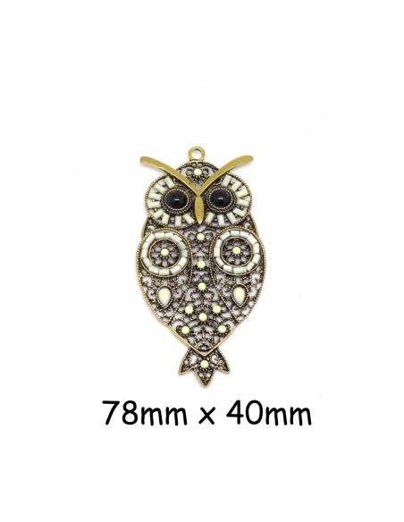 Pendentif hibou, chouette blanc cassé et métal doré