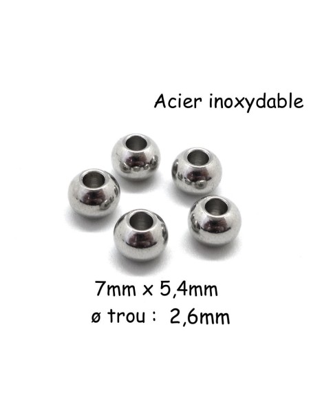 Perle ronde 7mm en acier inoxydable argenté à gros trou