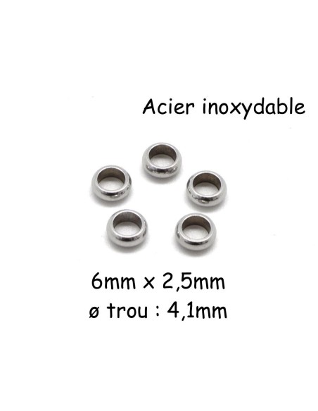 Perle rondelle en acier inoxydable couleur argenté 6mm intercalaire à gros trou