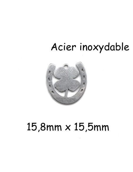 Breloque porte bonheur trèfle à 4 feuilles fer à cheval en acier inoxydable argenté