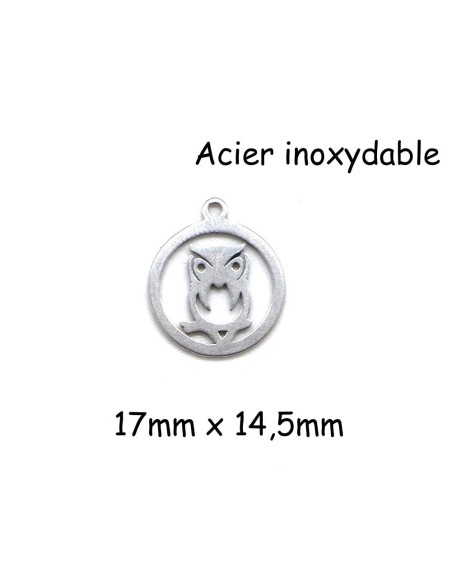 Breloque hibou chouette métal argenté en acier inoxydable 17mm