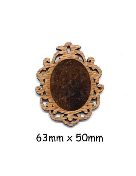 Pendentif Estampe en bois travaillé ovale support cabochon style shabby chic