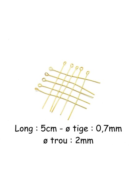 Tige métalliques clous à oeil, oeillet  5cm en métal doré