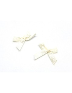 Petit noeud en ruban de 7mm satiné blanc crème à pois blanc