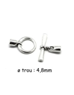 Fermoir crochet toggle pour cordon de 4mm - 4,5mm en métal argenté