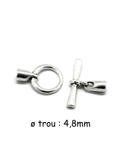 Fermoir crochet toggle pour cordon de 4mm - 4,5mm en métal argenté