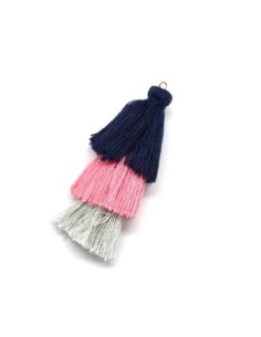 Grand triple pompon 9cm bleu marine, rose et gris pour création porte clé, pendentif