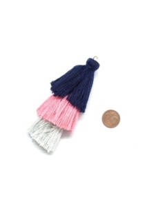 Grand triple pompon 9cm bleu marine, rose et gris pour création porte clé, pendentif 2