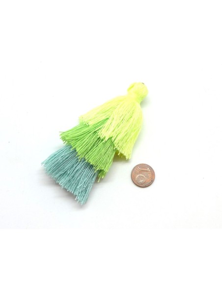 1 triple pompon 9cm jaune fluo, vert anis fluo, vert d'eau pour création porte clé, pendentif