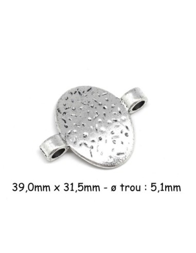 Perle Connecteur ovale incurvé martelé en métal argenté pour cordon cuir de 5mm