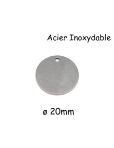 Pendentif sequin, pastille, médaille en acier inoxydable argenté 20mm