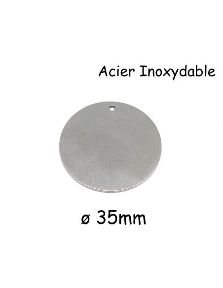 Pendentif sequin, pastille, médaille en acier inoxydable argenté 35mm