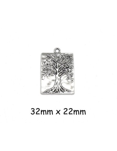 Pendentif médaille arbre de vie en métal argenté forme rectangle