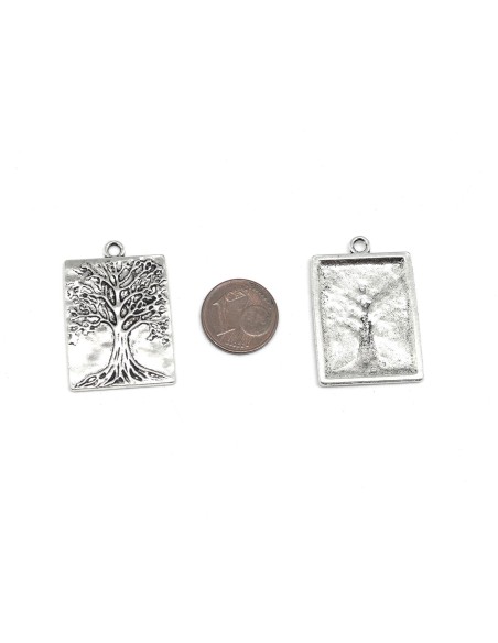 Pendentif plaque gravé arbre de vie en métal argenté forme rectangle