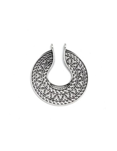 Pendentif demi lune en métal argenté travaillé style ethnique 50mm