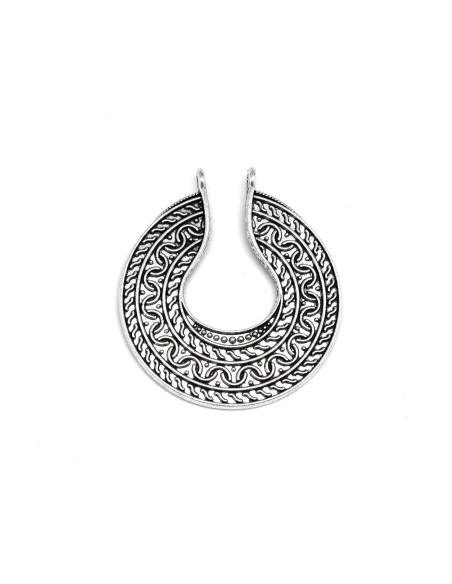 Pendentif demi lune en métal argenté travaillé style ethnique 50mm