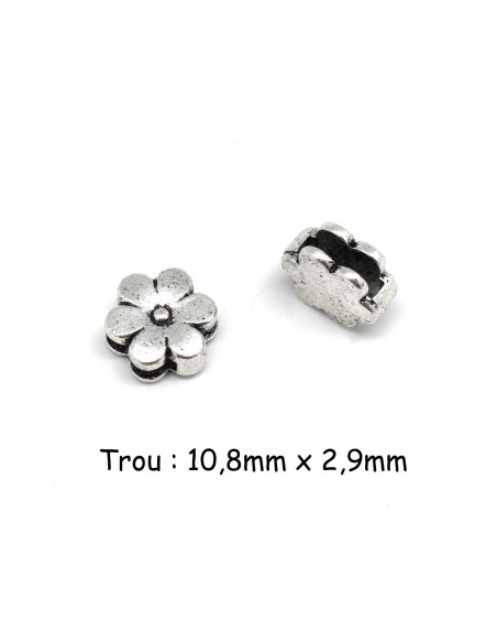 Perle argenté passant fleur pour lanière cuir de 10mm en métal