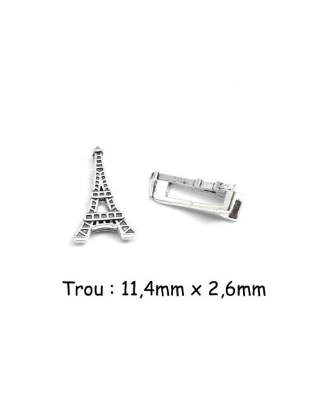 Perle argenté passant tour eiffel pour lanière cuir de 10mm en métal