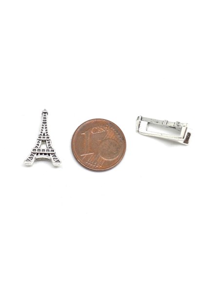 Perle poussoir argenté tour eiffel pour lanière cuir de 10mm en métal