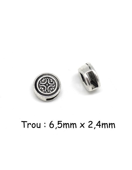 Perle argenté passant ronde travaillé slide pour lanière de 6mm en métal style ethnique